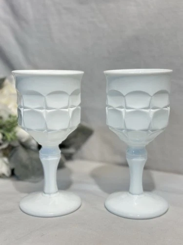 Vintage Indiana Milk Glass Water Goblets White Set-2 Constellation Pattern 12 oz