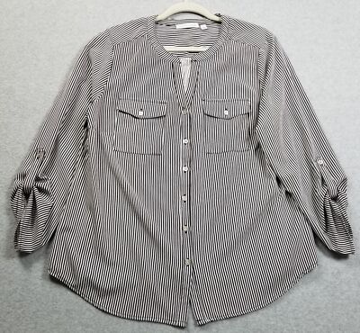 Notations Button Up Shirt Women s Large L Black White Striped Long Sleeves Top