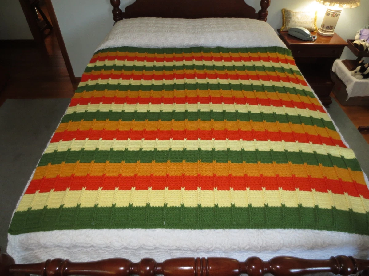 UNUSED Vintage GREEN, ORANGE, GOLD, YELLOW STRIPE AFGHAN BED COVER - 56