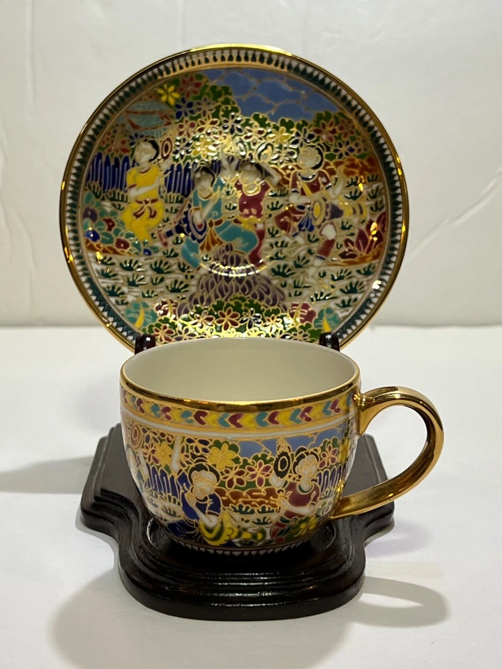 Thai Traditional Figures Coffee Tea Cup and Saucer Benjarong Hand Painted Foto 2 de 4