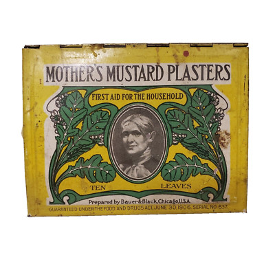 Vtg Advertising Tin First Aid Quackery Mothers Mustard Plasters Bauer & Black US
