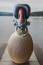 Clay Art Pottery Girl Figurine with Floppy Hat Folk Art Primitive 11” Tall