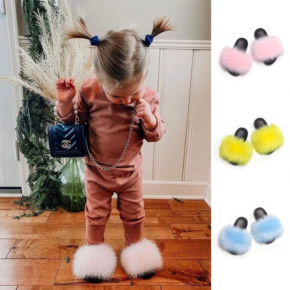 Kids Faux Farm Fox Fur Slippers Girls Summer Sandals Children Cute