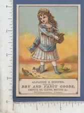 A267 Alpaugh & Hooper dry goods trade card Willimantic CT girl feeding ducks
