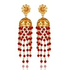 Red Coral Gemstone Beads Chandelier Earrings 925 Silver Gold Plated Jewelry