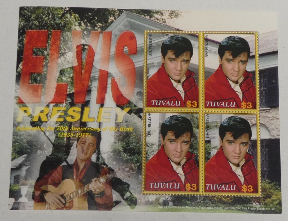 Hoja de recuerdo de estampillas de Tuvalu de $3 de Elvis Presley 4 estampillas 2005 70 aniversario 2006 Foto 3 de 4
