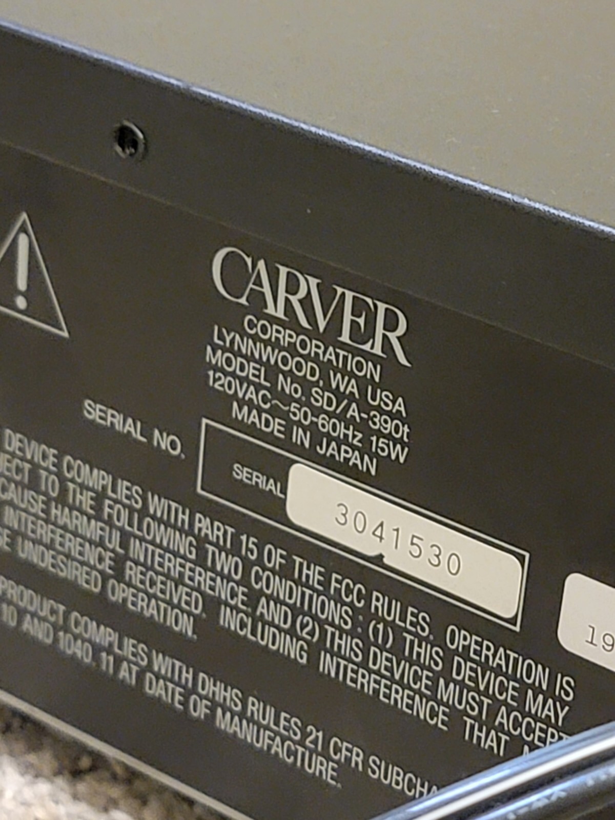 Carver Vacuum Tube CD Player SD/A-390t As-Is For Parts Or Repair Only