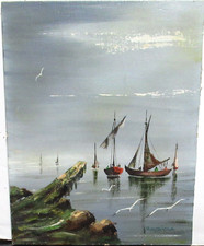 MIGUEL ANGEL GOMEZ (MONTANOLA) FISHING BOATS ORIGINAL OIL ON BOARD PAINTING