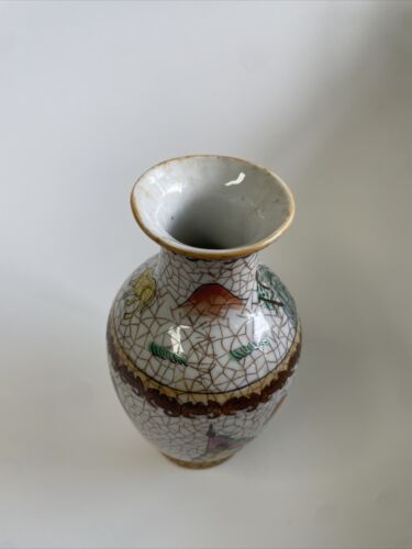CHINESE ART POTTERY PAINTED CRACKLE STYLE HUNTING SCENE 6" VASE - Picture 3 of 11