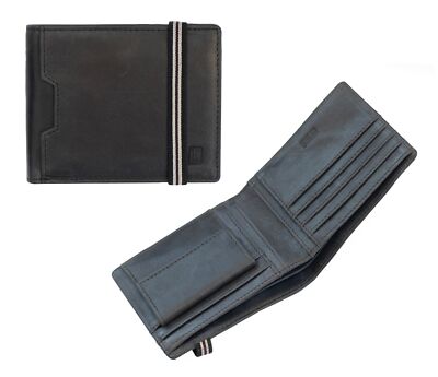 Geölte robuste schwarze Herren-Geldbörse aus Leder mit Doppelfaltung und elastischem Sicherheitsriemen RFID