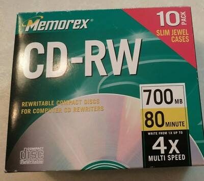 10 Memorex CD-RW Compact Discs; Slim Jewel Cases; 700MB; 80 Min; 4X Multi Speed