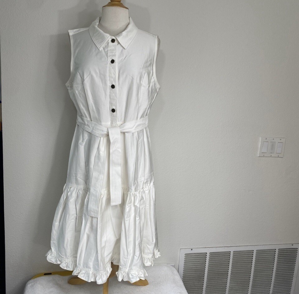 NEW Calvin Klein Women White Belted Button Front Lined Midi Shirt Dress Size 14