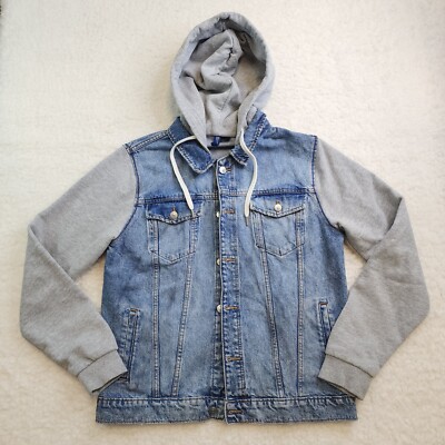 Divided Denim Jean Jacket Med Cotton Stretch Hooded Sleeve Sweatshirt Gray 