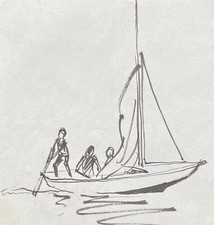 Else Floche *1930 Drawing Skizz Sailboat Ship Maritime Figures at Sea