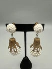 Vintage Miriam Haskell Screw Back White Plastic Dangle Gold Filigree Earrings