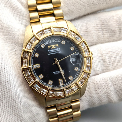 TECHNOS T4060 Premium Edition Gold Tone Crystal Bezel Day-Date Watch New Battery