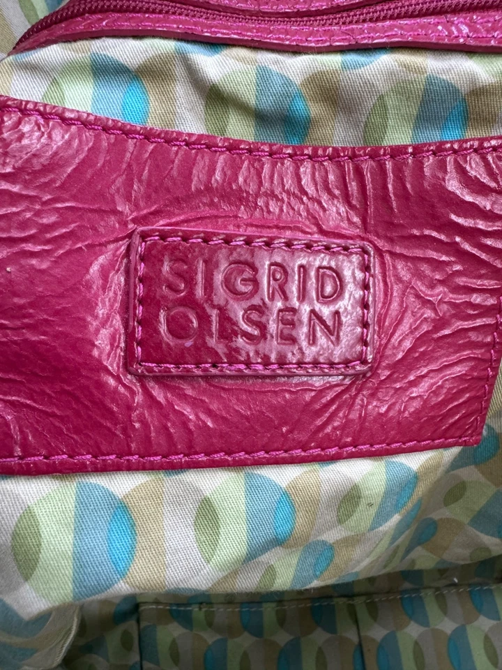 Sigrid Olsen Handbag Fuchsia Leather Strap Canvas Messenger Satchel Tote Purse - Image 3 of 4