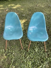 Pair 1962 Mid-Century Modern MCM Teal Chromcraft Fiberglass Molded Shell Chairs