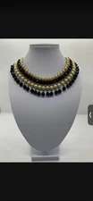 Vintage Faux  Pearl And Onyx Bib Choker Statement Piece