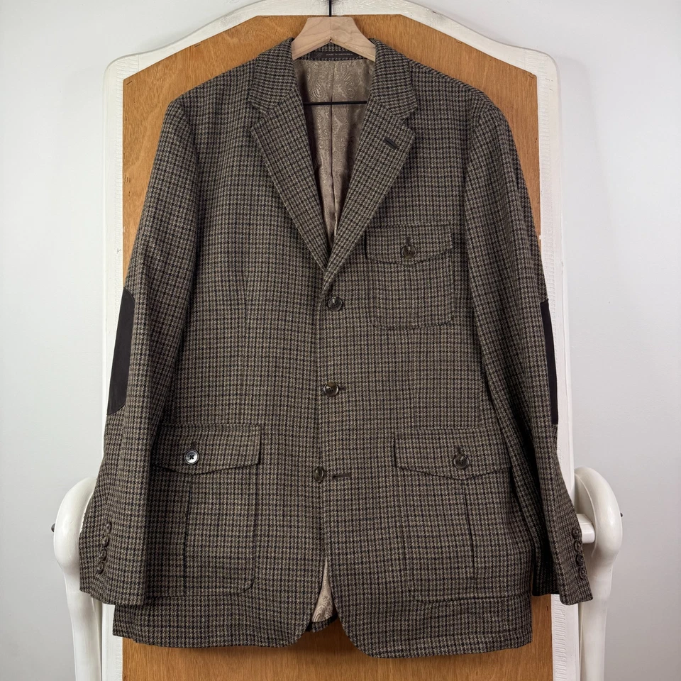 Abrigo deportivo Tasso Elba para hombre mediano marrón pata de gallo mezcla de lana 3 botones Blazer Foto 2 de 4
