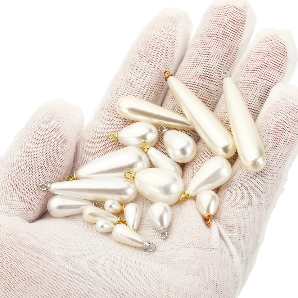 50Pcs 16x8mm Pearl Charm Pearl Beads Teardrop Pendant with Loop Silvery - Image 3 of 4