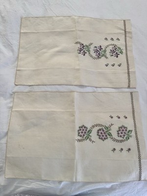 Set of 2 Handmade Embroidery Hanker Chiefs Vintage Style