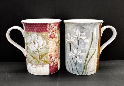 2er Set TU Home Keramiktassen - Floral Natur Collage Design - gebraucht guter Zustand