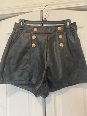 CI SONO Sailor Black Faux Leather Women's Shorts Size L Gold Button Accents