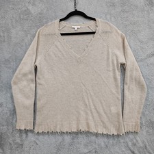 Minnie Rose Cashmere Frayed Edge V Neck Sweater Size Medium Beige Minimal