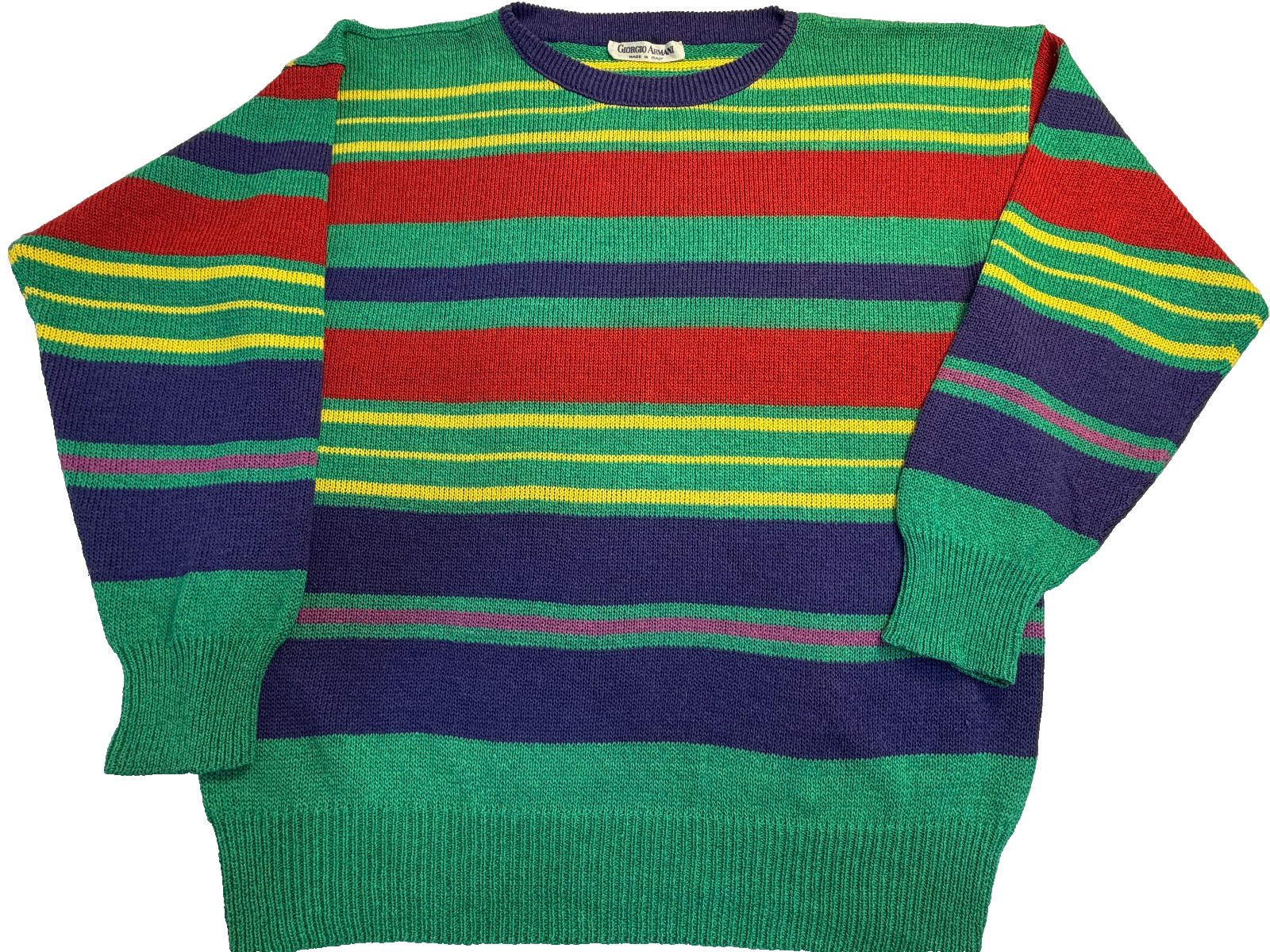 Giorgio Armani Vintage 80s Colorful Striped Knit Sweater XL Made in Italy