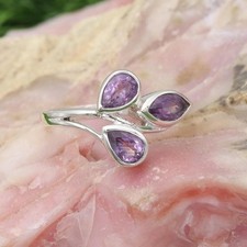 Purple Amethyst Ring 925 Sterling Silver Three Stone Ring Women Statement Ring