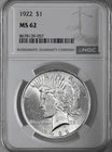 1922-P  $1 PEACE SILVER DOLLAR  "PHILADELPHIA MINT"  NGC MS62 #8678139-057