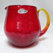 Vtg Blenko Red Crackle Glass Round Pitcher with Amberina Handle MCM 5.75" Tall