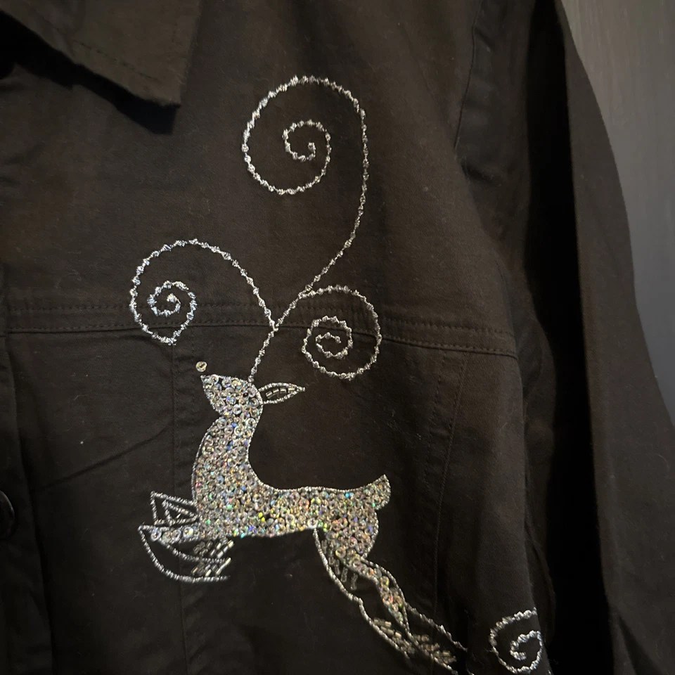 The Quacker Factory Black Stretch Silver embroidered reindeer Womens Sz Lg NWT - Image 4 of 4