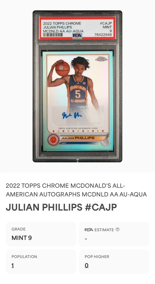 2022 Topps Chrome McDonald's Aqua Refractor Julian Phillips RC AUTO PSA 9 Pop 1 - Image 3 of 3