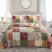 NEW REAL PATCHWORK BROWN RED BLUE PINK GREEN LEAF ROSE COUNTRY QUILT SET