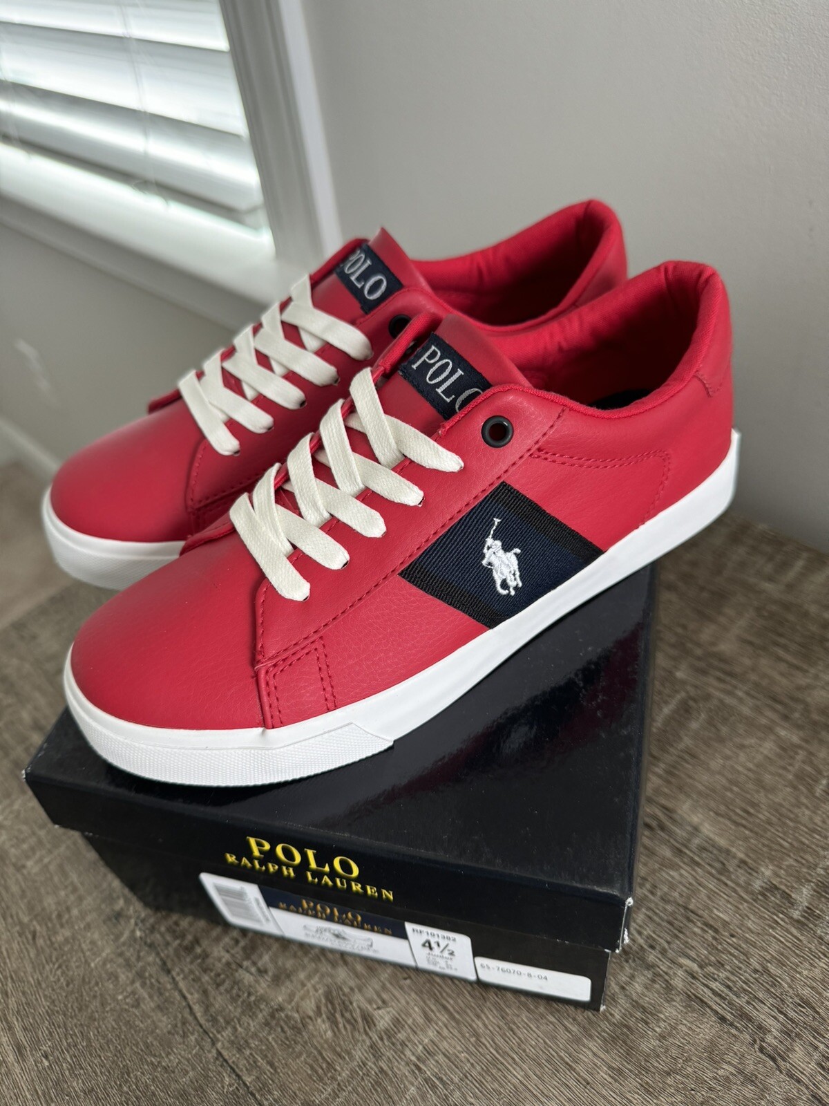 Polo Ralph Lauren GEOFF rossa piccola pony sneaker nuova con scatola taglia junior US6 EUR39 bambino grande