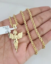 10k Solid Rope Chain Praying Angel Pendant 18"-28" Gold Set Charm Necklace 3mm