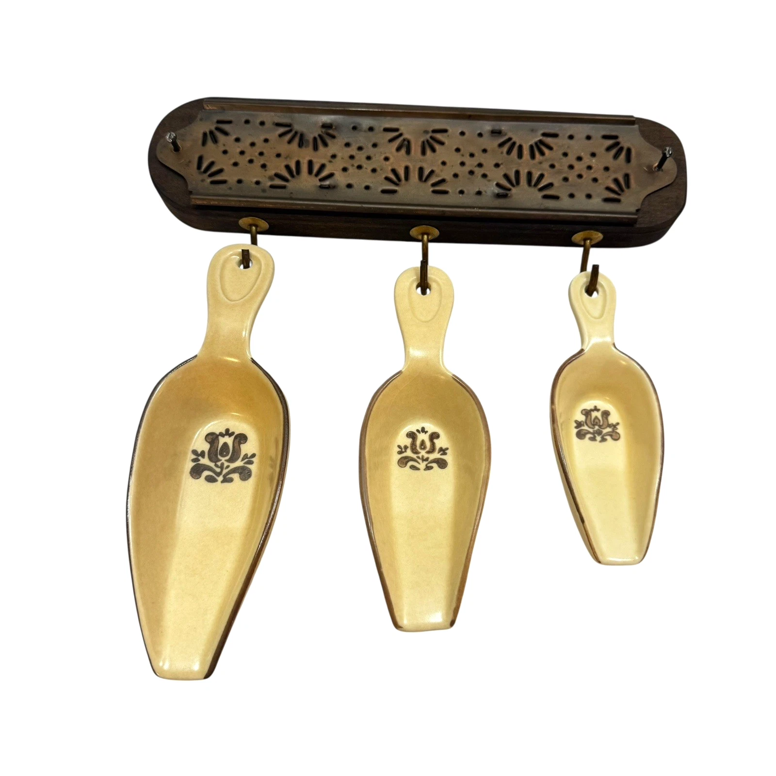 Pfaltzgraff Pottery VILLAGE Set of 3 Measuring Scoops w/Wood and Copper Rack USA