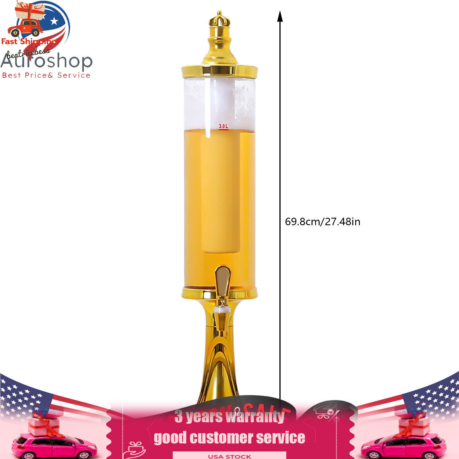 3L Beer Tower Beverage Dispenser Faucet Beverage Drink Dispenser LED Lights US