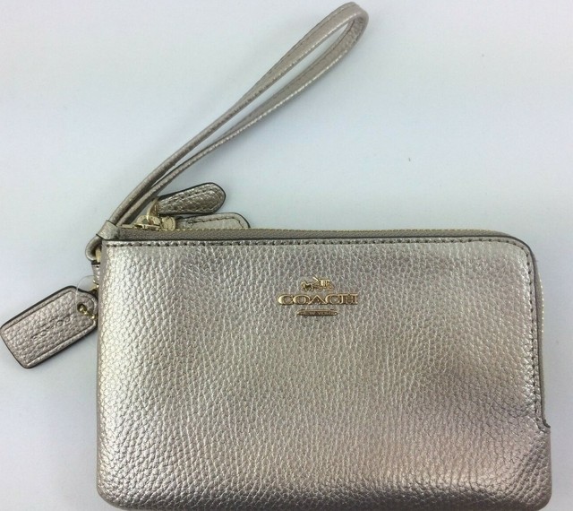 F23260 Coach Double Corner Zip Wristlet Platinum Pebbled Leather