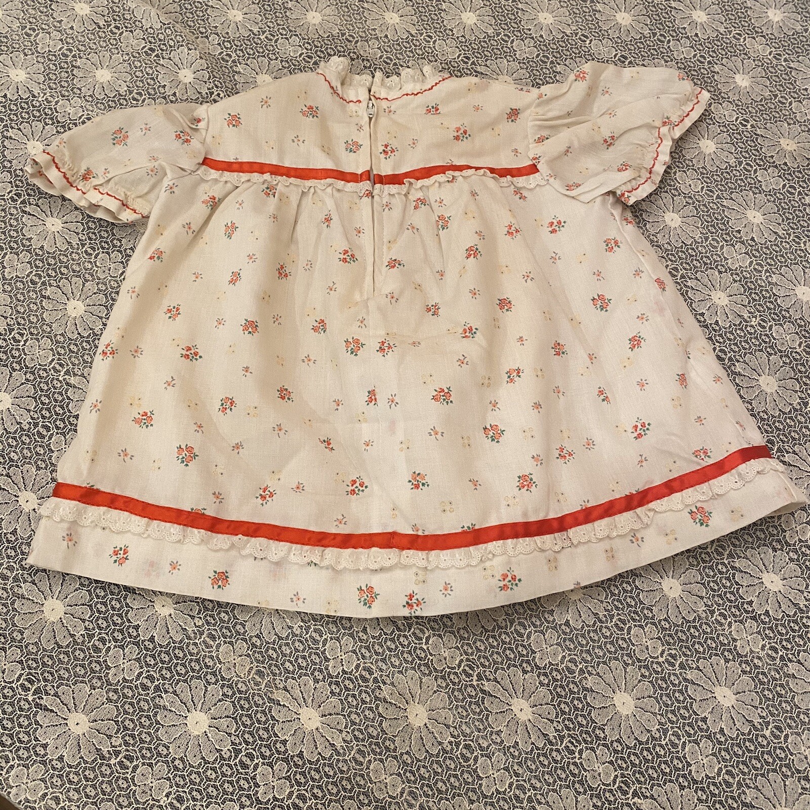 Vintage Baby Dress Gown Red Roses Flowers Ribbon & La… Gem