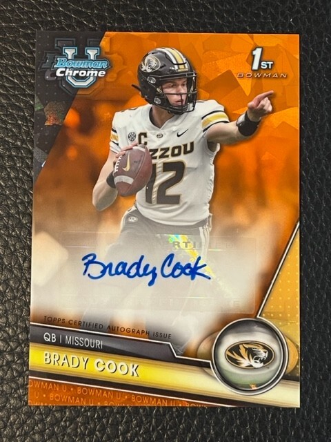 BRADY COOK Missouri 2023 Bowman Chrome University Sapphire ORANGE Ref AUTO #3/25