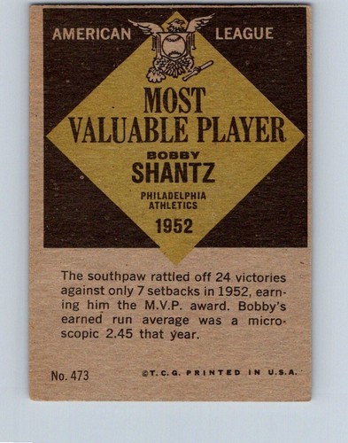VINTAGE BASEBALL CARD TOPPS 1961 BOBBY SHANTZ MVO 1952 AMERICAN LEAGUE NO22 - Picture 2 of 2