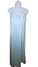 Vtg 80s Embroidered Long Nightgown Nylon Seafoam Green Katz Cottage Bow Size M
