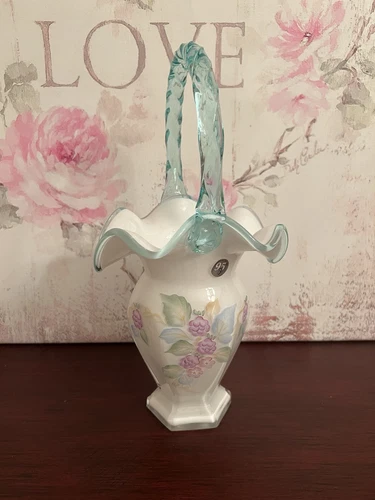 Fenton Garden Berries Basket “Glass Legacy” Bill F Signature Aquamarine Handle