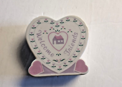 Vtg Emson  Porcelain Heart Shaped Tapered Candle Holder ''Welcome Friends''