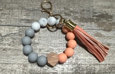 Beaded Silicone Keychain Bracelet Wristlet Peach Gray Marble Tassel Gold Clip