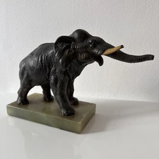 Antique Metal Elephant Sculpture On Stone Base Estate Find