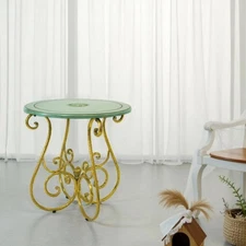 Vintage Green and Gold Round Accent Table with Scroll Iron Legs, 30” Height –...